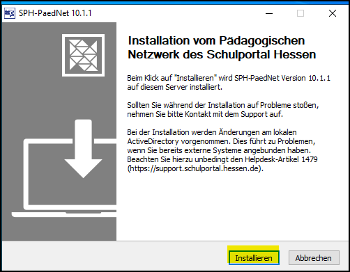 Programm NSIS; Fenster SPH-PaedNet 10.1.1; Funktion: Startfenster