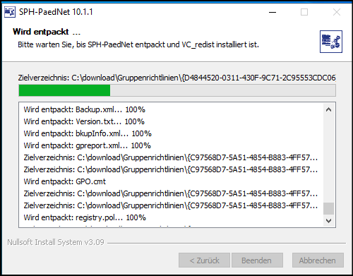 Programm NSIS; Fenster SPH-PaedNet 10.1.1; Funktion: Wird entpackt ...