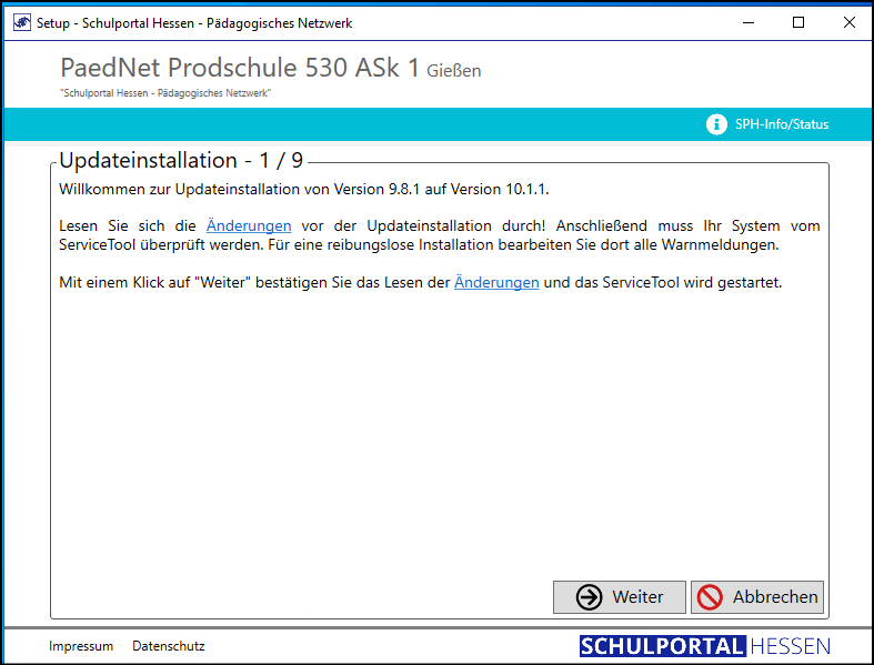 Programm Setup; Fenster: Updateinstallation 1/9