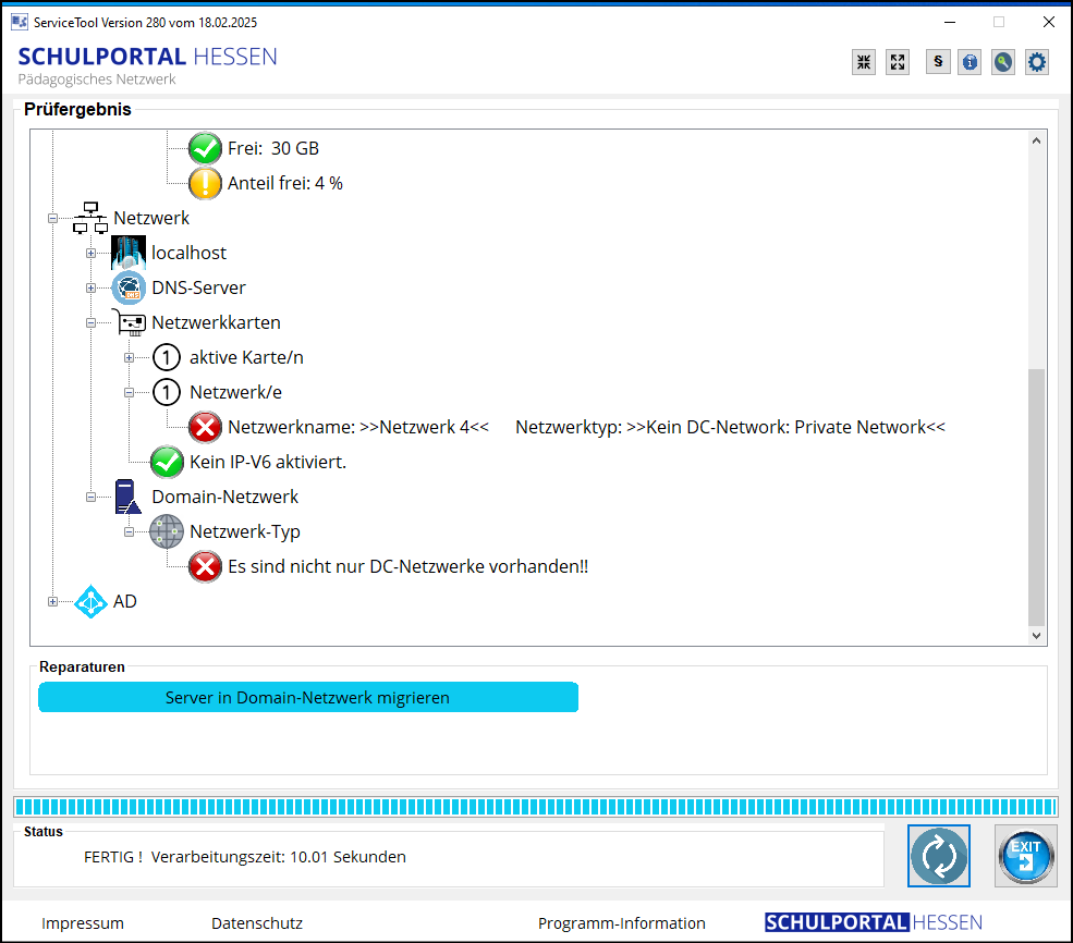 Programm ServiceTool; Fenster Prüfergebnis; Funktion: Pre-Installation-Check fehlerhaft