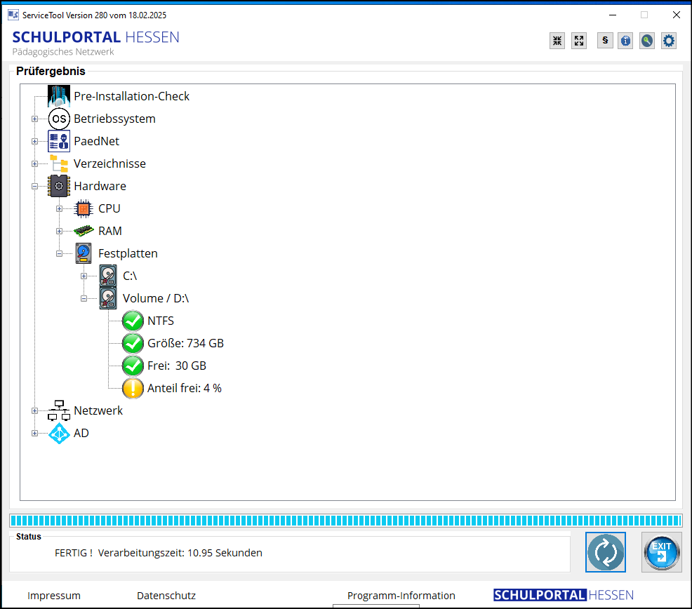 Programm ServiceTool; Fenster Prüfergebnis; Funktion: Pre-Installation-Check erfolgreich