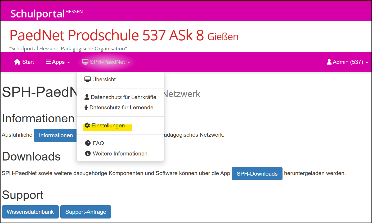 Programm SPH-PaedOrg; Fenster SPH-PaedNet; Menü "SPH-PaedNet"; Menüpunkt "Einstellungen" Schulauswahl