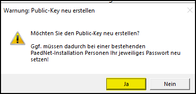Fenster: Warnung Public-Key neu erstellen