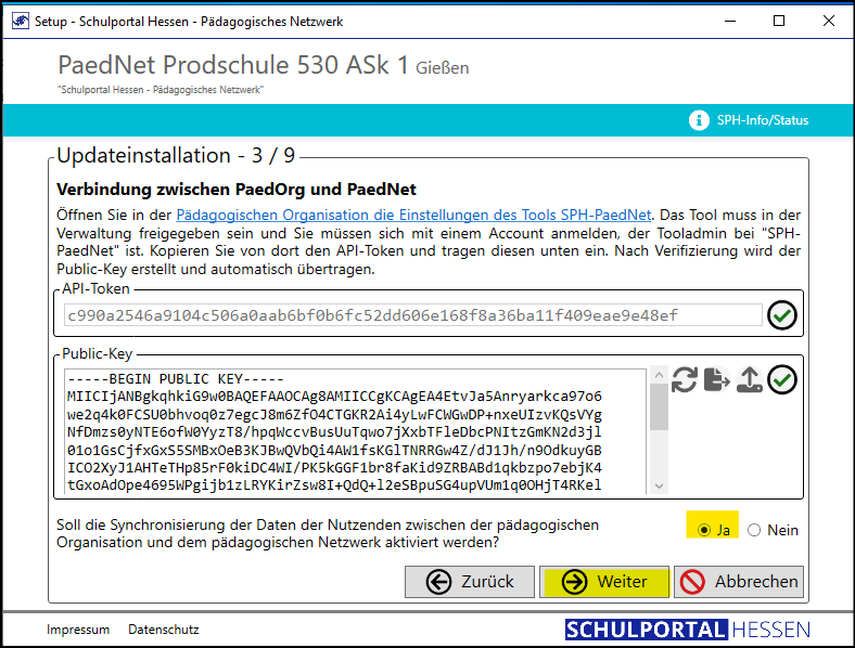 Programm Setup; Fenster Updateinstallation 3/9; Funktion: Verbindung zwischen PaedOrg und PaedNet; Synchronisation zustimmen