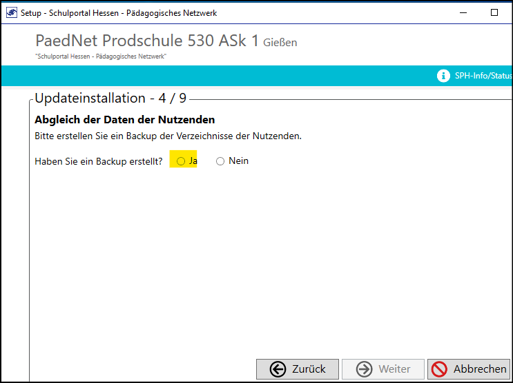 Programm Setup; Fenster Updateinstallation 4/9; Funktion: Abgleich der Daten der Nutzenden