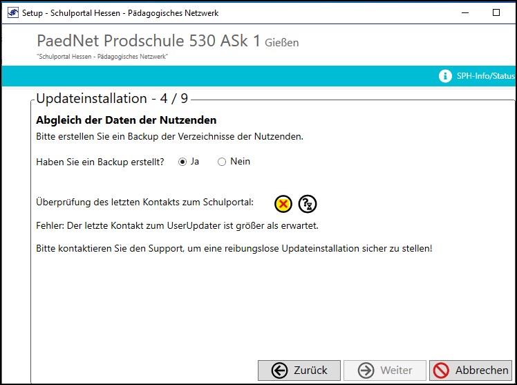 Programm Setup; Fenster Updateinstallation 4/9; Funktion: Abgleich der Daten der Nutzenden; Kontakt zu lange her