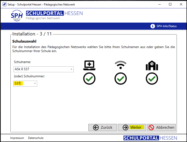Programm Setup; Fenster Installation 3/11; Funktion: Schulauswahl