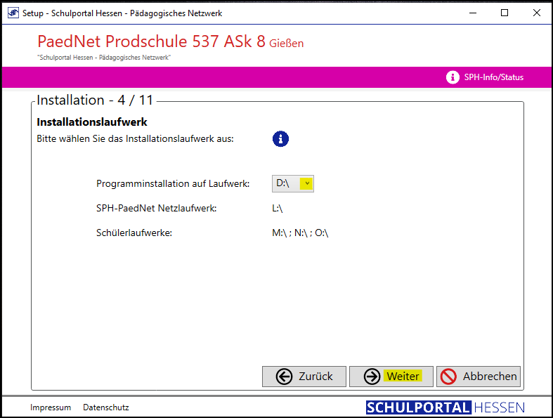 Programm Setup; Fenster Installation 4/11; Funktion: Installationslaufwerk auswählen