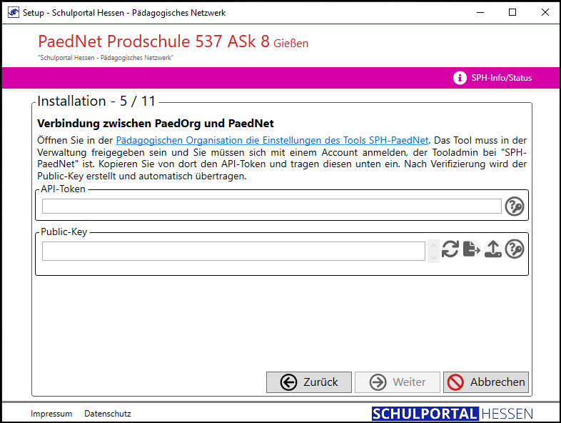 Programm Setup; Fenster Installation 5/11; Funktion: Verbindung zwischen PaedOrg und PaedNet