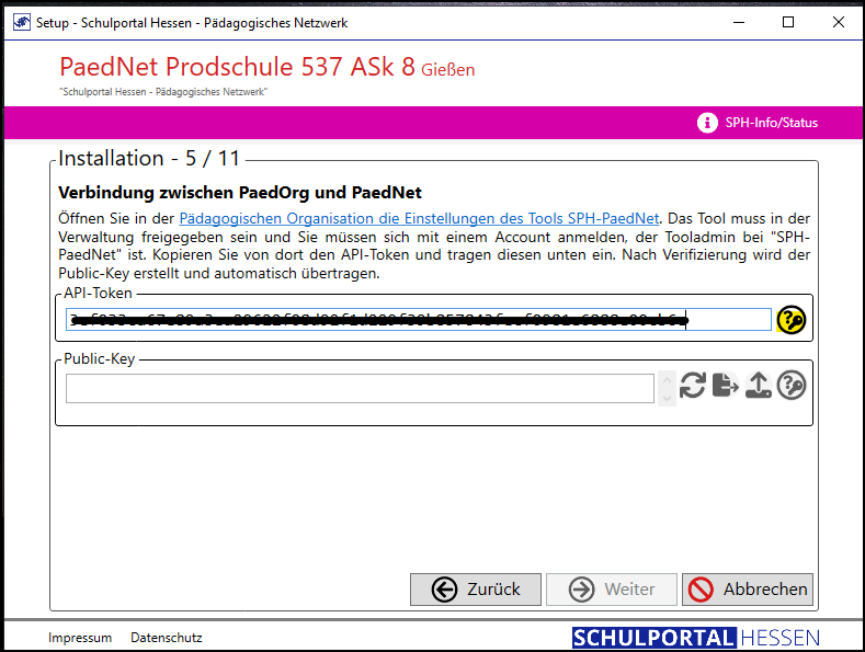 Programm Setup; Fenster Installation 5/10; Funktion: Verbindung zwischen PaedOrg und PaedNet; API-Token verifizieren