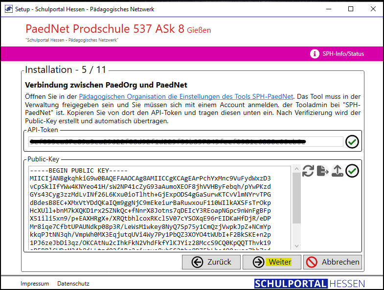 Programm Setup; Fenster Installation 5/11; Funktion: Verbindung zwischen PaedOrg und PaedNet; Fertig