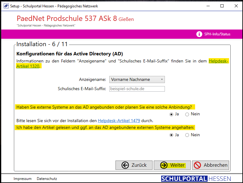 Programm Setup; Fenster Installation 6/11; Funktion: Konfiguratioen für das Active Directory (AD); Anbindung externer Systeme