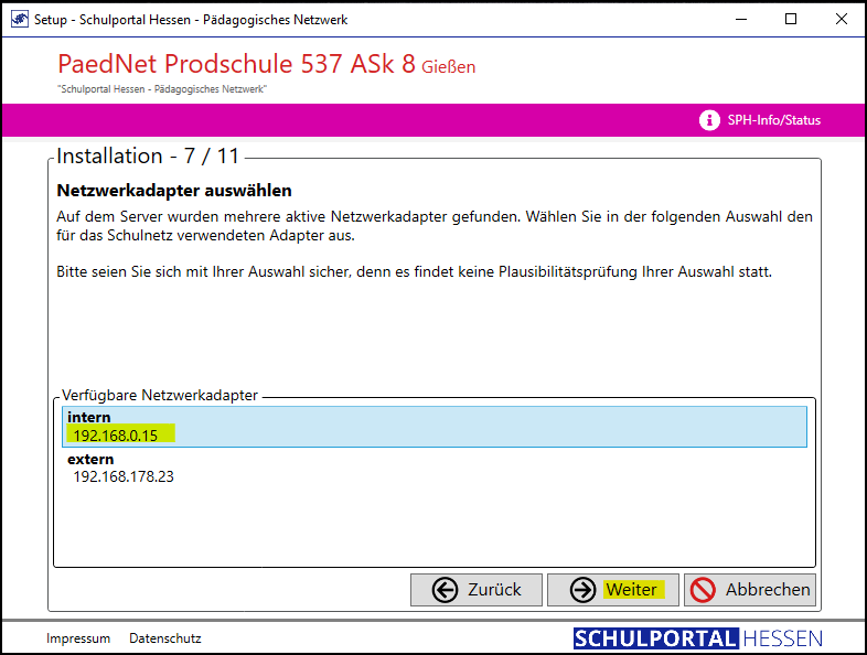 Programm Setup; Fenster Installation 7/11; Funktion: Netzwerkadapter auswählen