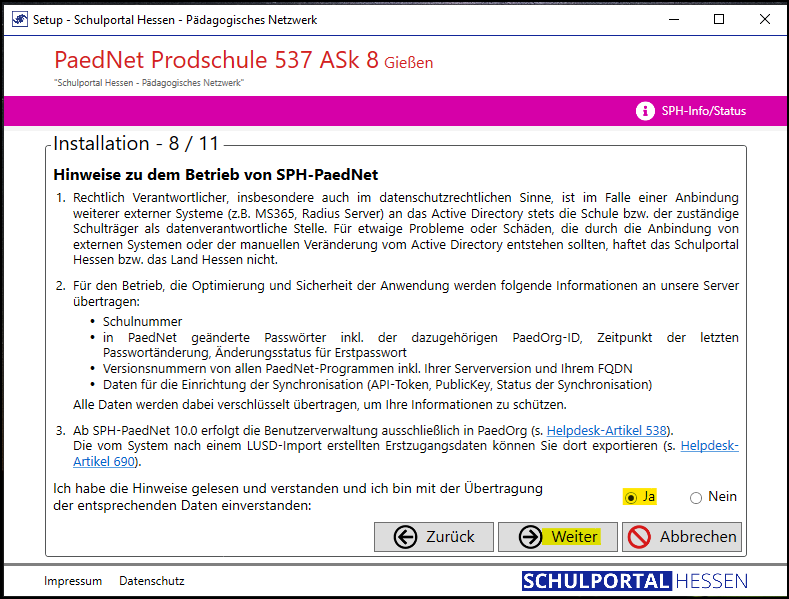 Programm Setup; Fenster Installation 8/11; Funktion: Hinweise zum Betrieb von SPH-PaedNet