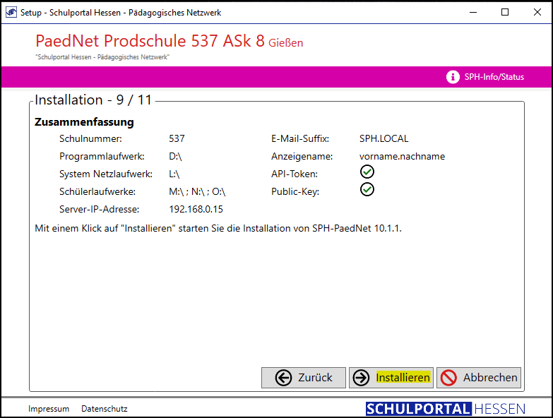 Programm Setup; Fenster Installation 9/11; Funktion: Zusammenfassung