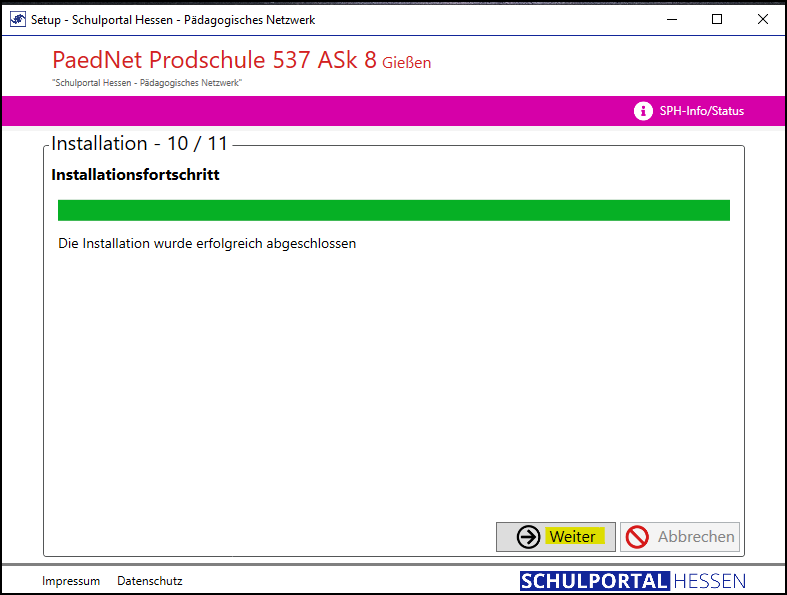 Programm Setup; Fenster Installation 10/11; Funktion: Installationsfortschritt