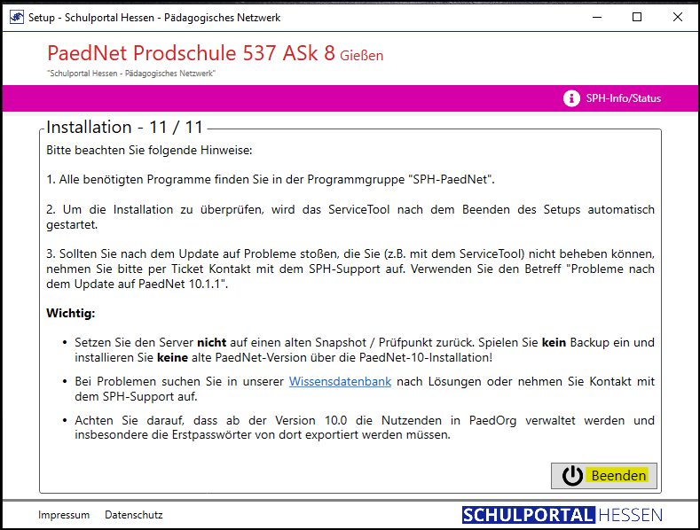 Programm Setup; Fenster Installation 11/11; Funktion: Hinweise