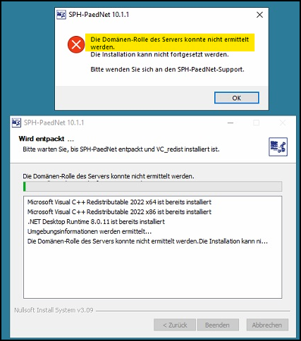 Fehlermeldung bei der Installation von SPH-PaedNet 10.1.1