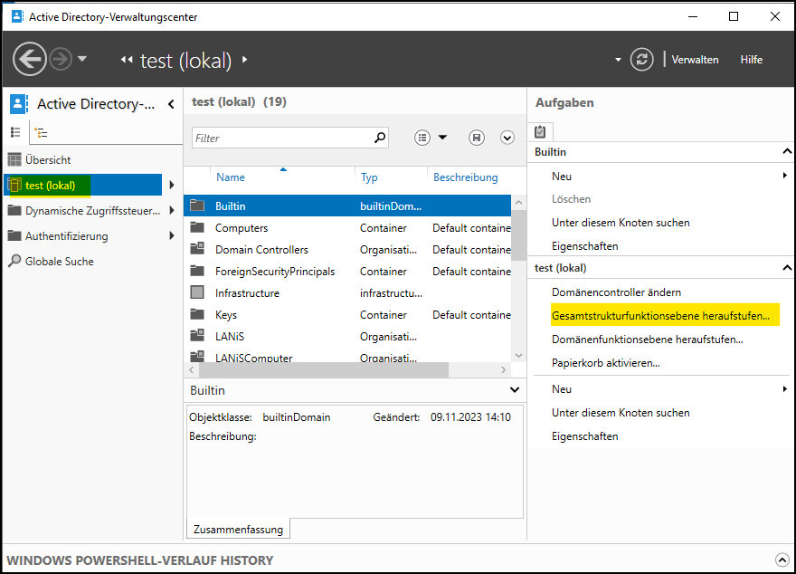 Fenster "Active-Directory Verwaltungscenter": "Gesamtstrukturfunktionsebene heraufstufen..."