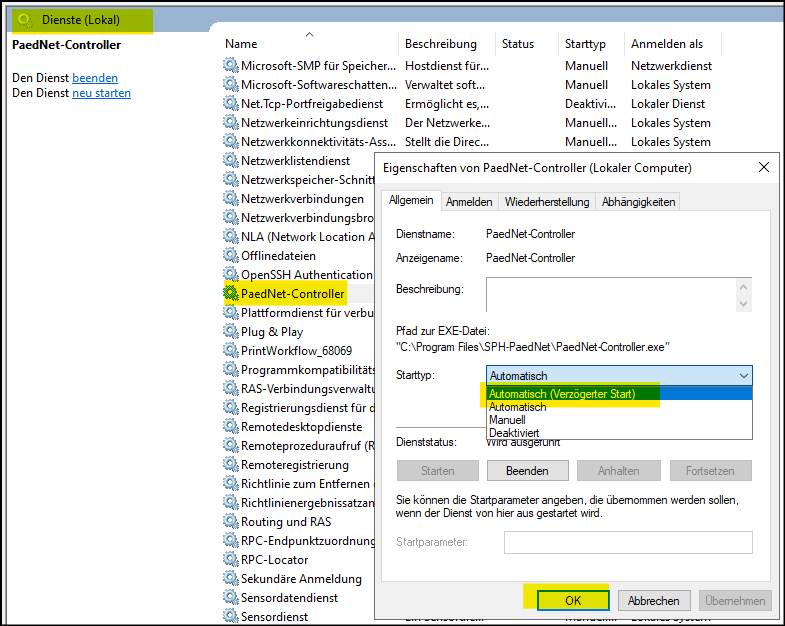 Einstellung des Dienstes "PaedNet-Controller"