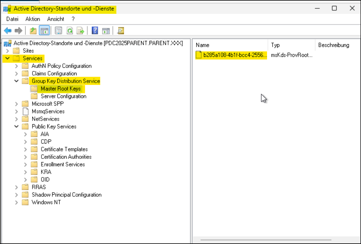 Active Directory-Standorte und Dienste: Prüfung des Rootkeys