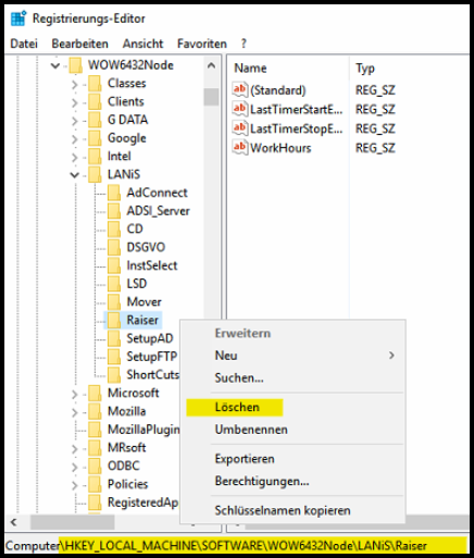Löschen im Regeditor