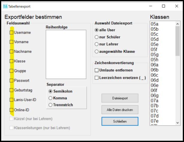Tabellenexport Exportfelder bestimmen
