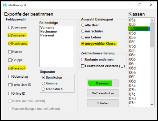 Tabellenexport Exportfelder bestimmen