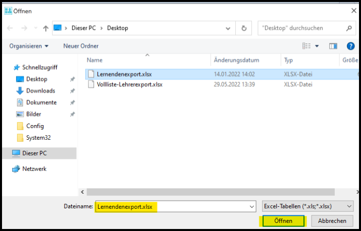 Öffnen-Dialog Lernendenexport.xlsx auswählen