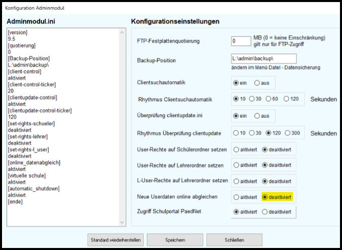 Konfigurationseinstellungen in Adminmodul.ini