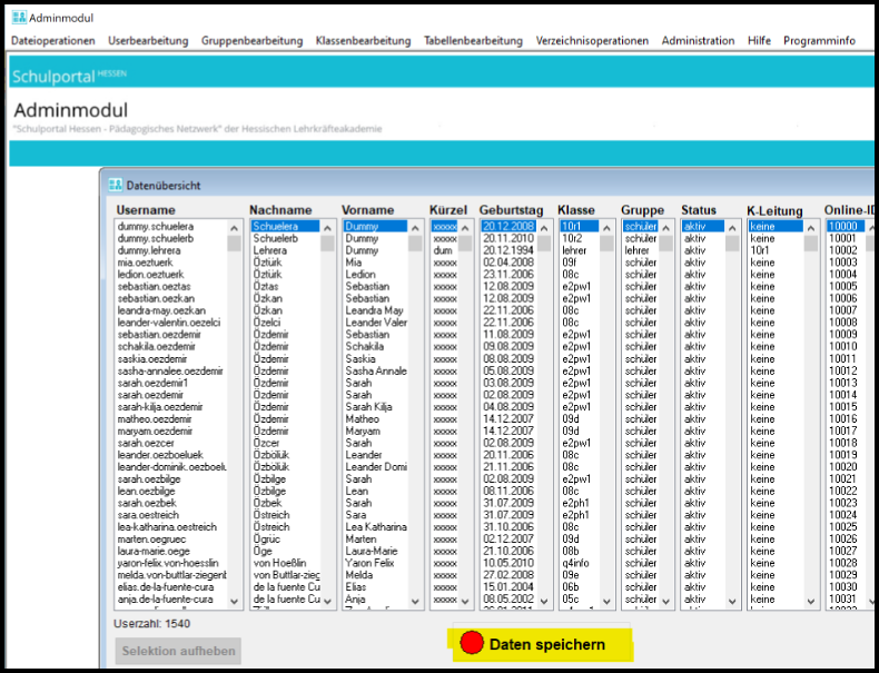 Adminmodul Datenübersicht Daten speichern