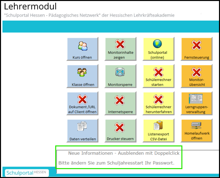 Lehrermodul mit Startinformation