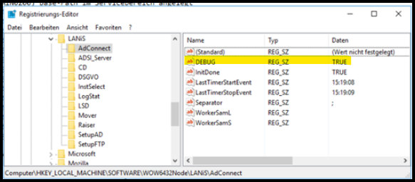 Registrierungs-Editor ADConnect DEBUG