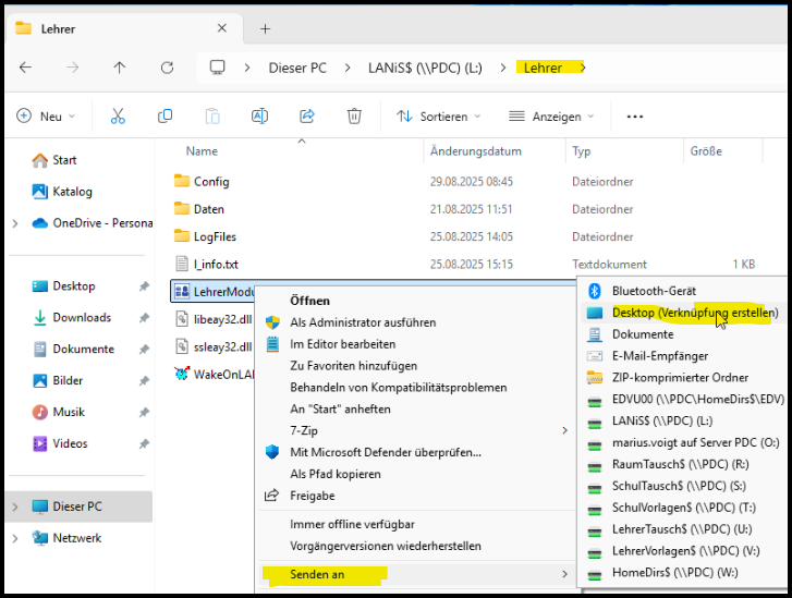 Desktopverknüpfung Lehrermodul.exe erstellen