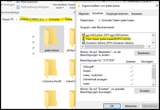 Rechte auf Lernenden- und Lehrkräfteordnern bei "LDAP"-Verbindung
