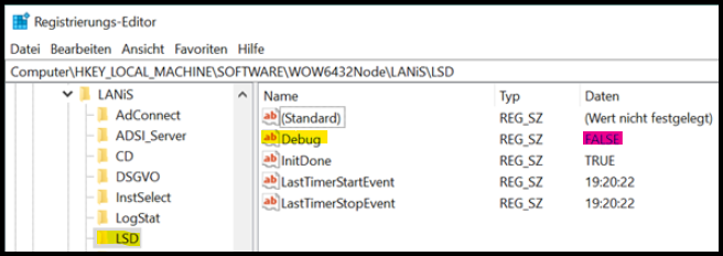 Registrierungs-Editor HKLM\SOFTWARE\WOW6432Node\LANiS\LSD Debug true