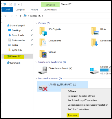 Dieser PC Verwalten Netzlaufwerk trennen