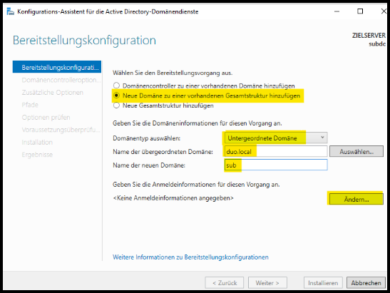 Konfigurations-Assistent für die Active Directory-Domänendienste Bereitstellungskonfiguration