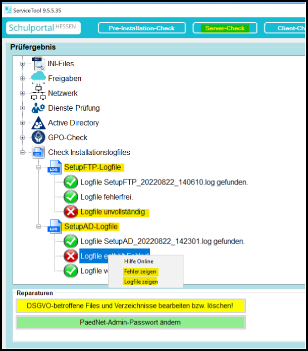 Server-Check im ServiceTool mit fehlerhaften SetupFTP-Logfiles