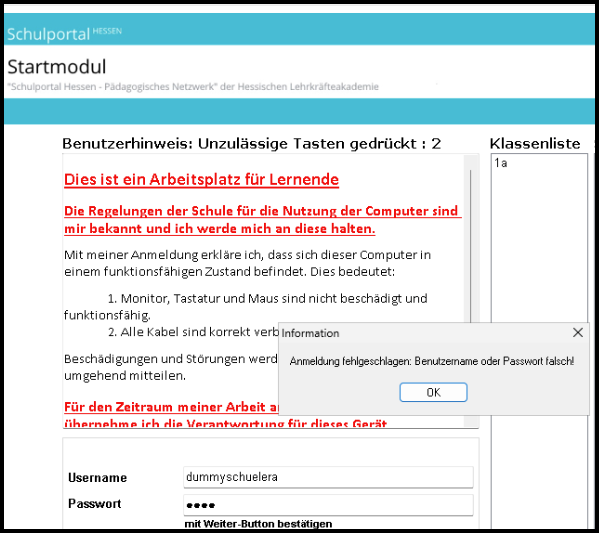 falsche Anmeldung am Startmodul