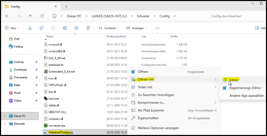 Webdrive7Config.reg mit Editor bearbeiten