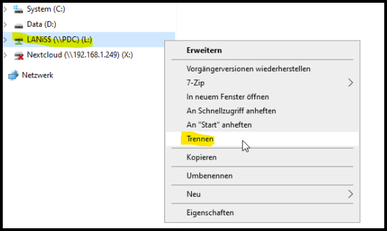 Trenne des Laufwerks