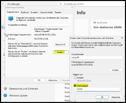 Einstellungen Computer Arbeitsgruppe ändern