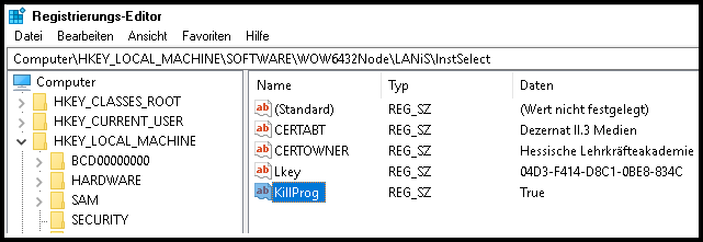 Registrierungs-Editor HKLM\Software\WOW6432Node\LANiS\InstSelect