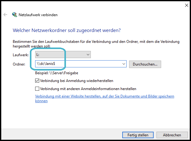 Zuordnung Netzwerkordner