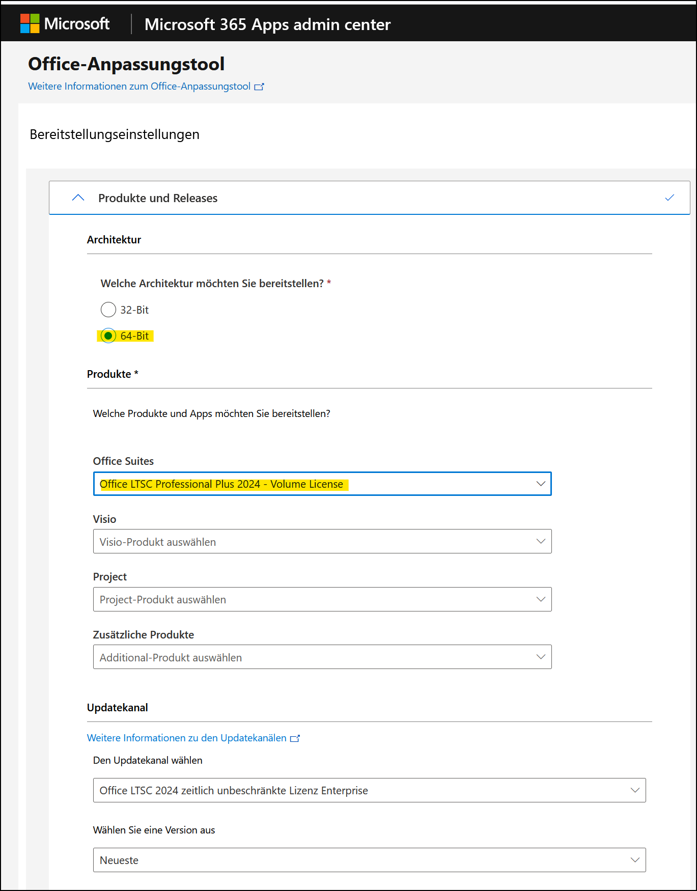 Microsoft Office-Anpassungstool Bereich "Produkte und Releases"