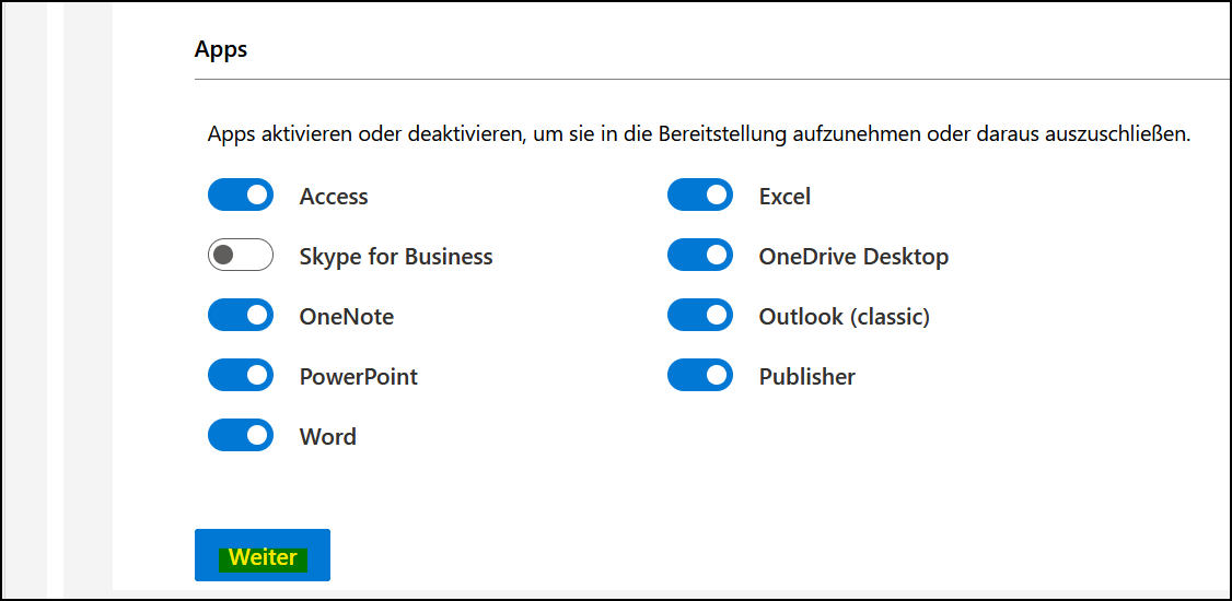 Microsoft Office-Anpassungstool Bereich "Apps"