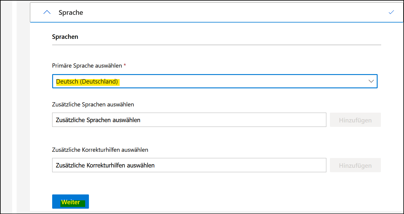 Microsoft Office-Anpassungstool Bereich "Sprache"