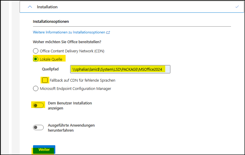 Microsoft Office-Anpassungstool Bereich "Installation"