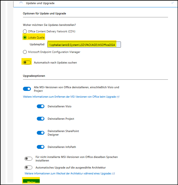 Microsoft Office-Anpassungstool Bereich "Update und Upgrade"